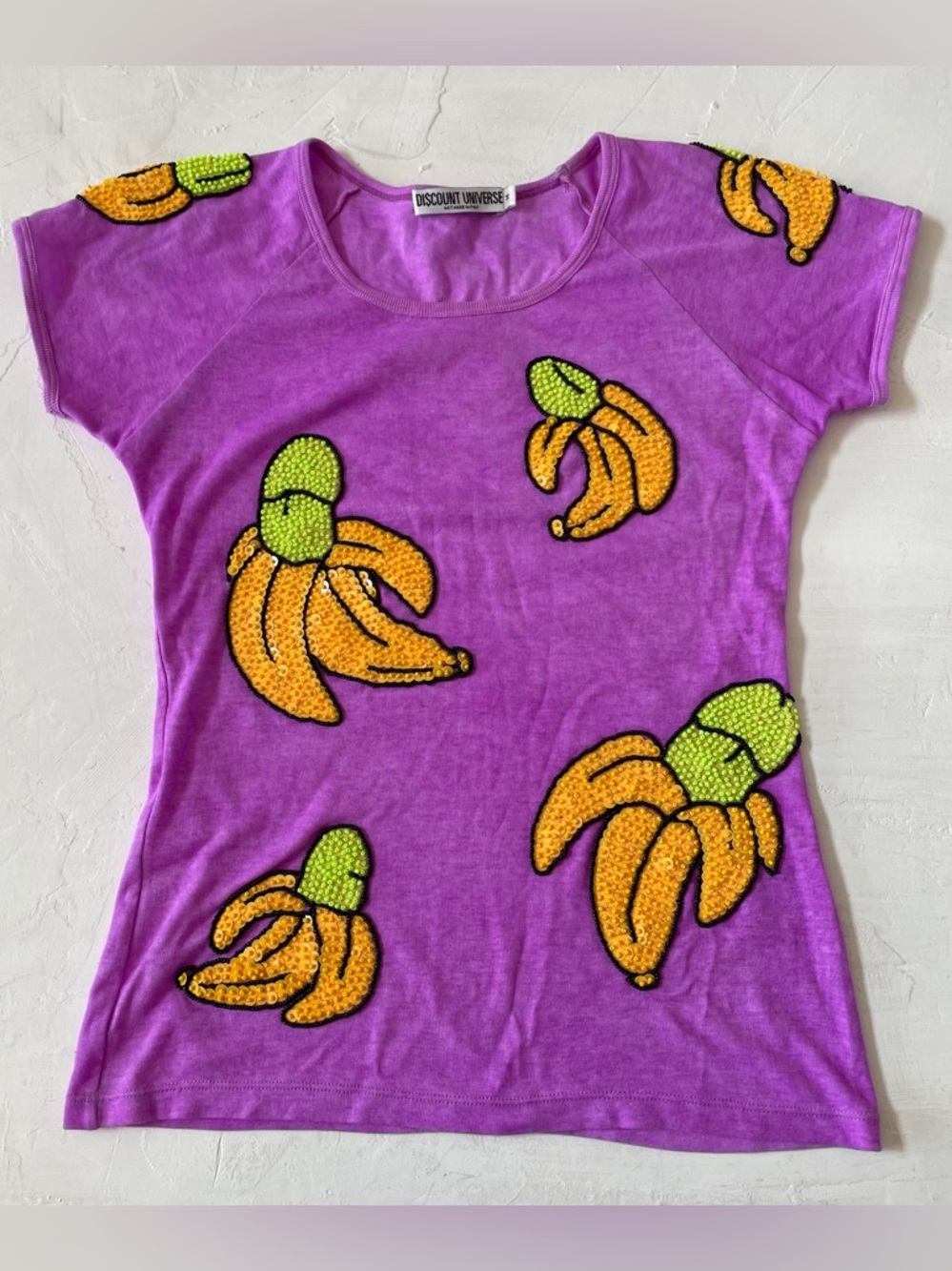 Discount Universe Purple Banana Sequined Beaded Graphic T-Shirt Size M RARE